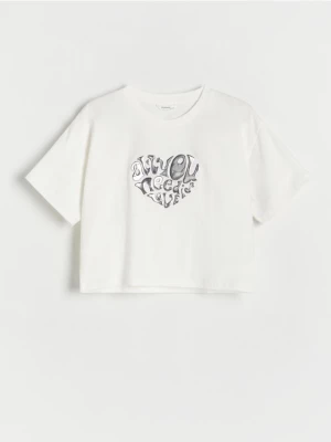 Reserved - Bawełniany t-shirt z aplikacją - złamana biel