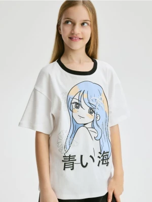Reserved - Bawełniany t-shirt z aplikacją - złamana biel