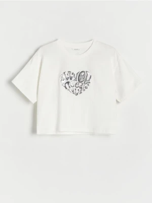 Reserved - Bawełniany t-shirt z aplikacją - złamana biel