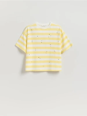 Reserved - Bawełniany t-shirt z aplikacją - żółty