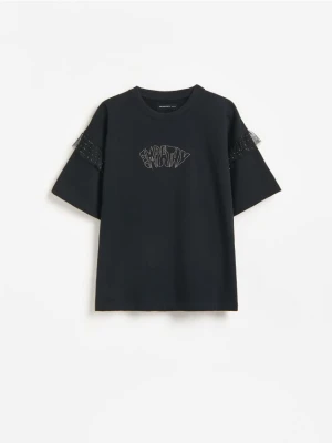 Reserved - Bawełniany t-shirt z falbankami - czarny