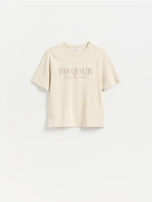 Reserved - Bawełniany t-shirt z haftem - beżowy