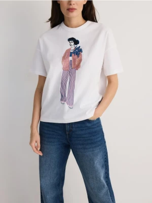 Reserved - Bawełniany T-shirt z haftem - biały