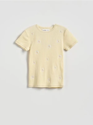 Reserved - Bawełniany t-shirt z haftem - jasnożółty