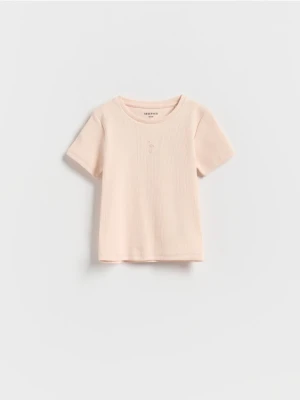 Reserved - Bawełniany t-shirt z haftem - pastelowy róż