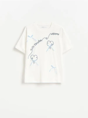 Reserved - Bawełniany t-shirt z kokardkami - złamana biel