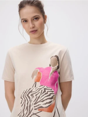 Reserved - Bawełniany t-shirt z nadrukiem - beżowy