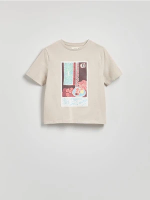 Reserved - Bawełniany t-shirt z nadrukiem - beżowy
