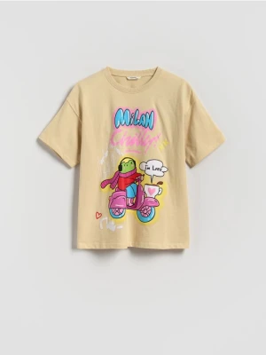 Reserved - Bawełniany t-shirt z nadrukiem - beżowy