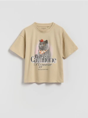 Reserved - Bawełniany t-shirt z nadrukiem - beżowy