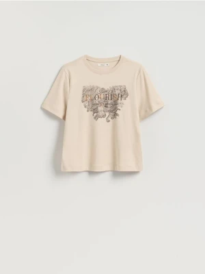 Reserved - Bawełniany t-shirt z nadrukiem - beżowy