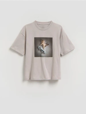 Reserved - Bawełniany t-shirt z nadrukiem - beżowy