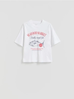 Reserved - Bawełniany t-shirt z nadrukiem - biały