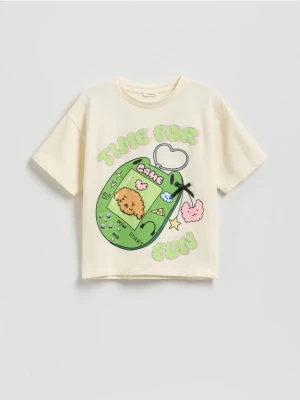 Reserved - Bawełniany t-shirt z nadrukiem Boffie & Poko - kremowy