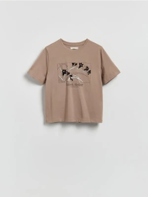 Reserved - Bawełniany t-shirt z nadrukiem - brązowy