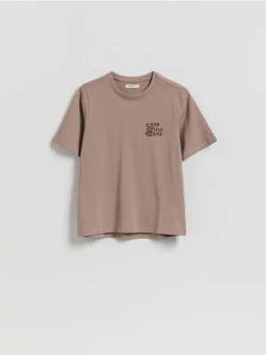 Reserved - Bawełniany t-shirt z nadrukiem - brązowy