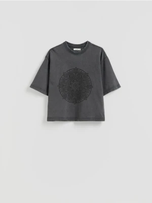 Reserved - Bawełniany t-shirt z nadrukiem - ciemnoszary