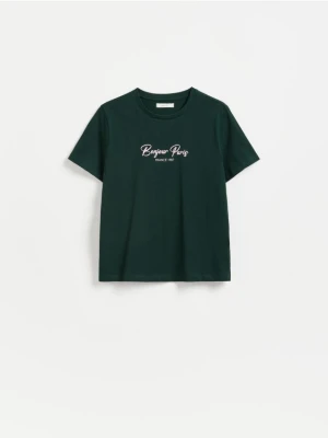Reserved - Bawełniany t-shirt z nadrukiem - ciemnozielony