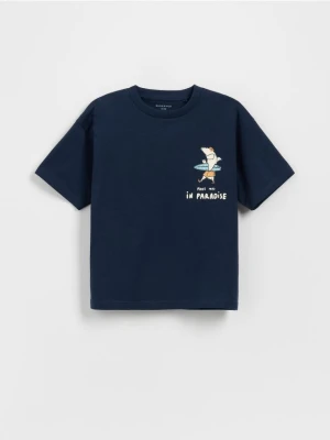 Reserved - Bawełniany t-shirt z nadrukiem - granatowy