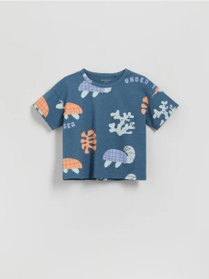 Reserved - Bawełniany t-shirt z nadrukiem - granatowy