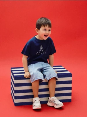 Reserved - Bawełniany t-shirt z nadrukiem - granatowy