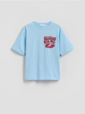 Reserved - Bawełniany t-shirt z nadrukiem - jasnoniebieski