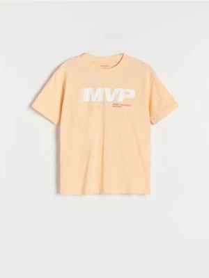 Reserved - Bawełniany t-shirt z nadrukiem - jasnopomarańczowy