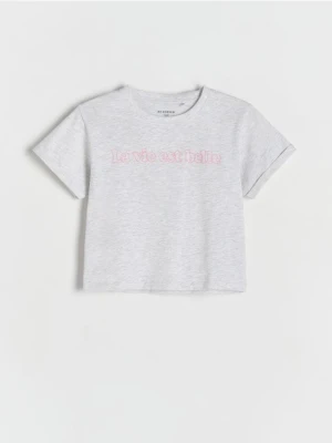 Reserved - Bawełniany t-shirt z nadrukiem - jasnoszary
