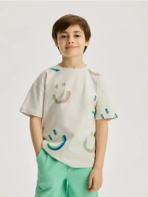 Reserved - Bawełniany t-shirt z nadrukiem - jasnoszary