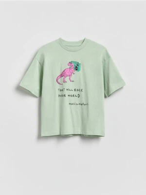 Reserved - Bawełniany t-shirt z nadrukiem - jasnozielony