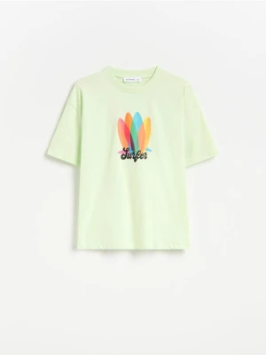 Reserved - Bawełniany t-shirt z nadrukiem - jasnozielony