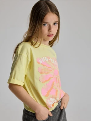 Reserved - Bawełniany t-shirt z nadrukiem - jasnożółty