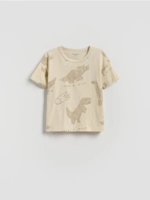Reserved - Bawełniany t-shirt z nadrukiem - kremowy