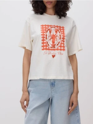 Reserved - Bawełniany t-shirt z nadrukiem - kremowy