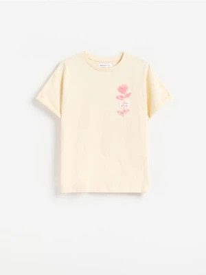 Reserved - Bawełniany t-shirt z nadrukiem - kremowy