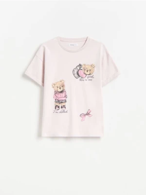 Reserved - Bawełniany t-shirt z nadrukiem - lawendowy