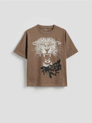 Reserved - Bawełniany t-shirt z nadrukiem - oliwkowy