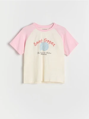 Reserved - Bawełniany t-shirt z nadrukiem - pastelowy róż