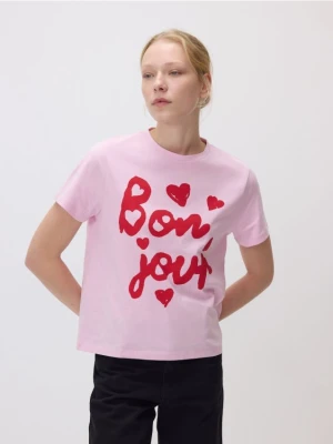 Reserved - Bawełniany t-shirt z nadrukiem - pastelowy róż