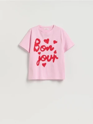 Reserved - Bawełniany t-shirt z nadrukiem - pastelowy róż