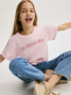 Reserved - Bawełniany t-shirt z nadrukiem - różowy