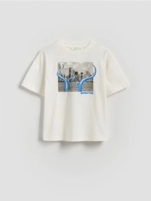 Reserved - Bawełniany t-shirt z nadrukiem - złamana biel