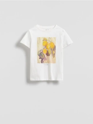 Reserved - Bawełniany t-shirt z nadrukiem - złamana biel