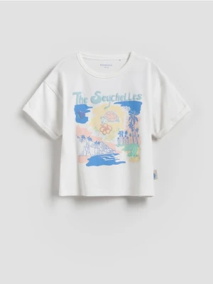 Reserved - Bawełniany t-shirt z nadrukiem - złamana biel