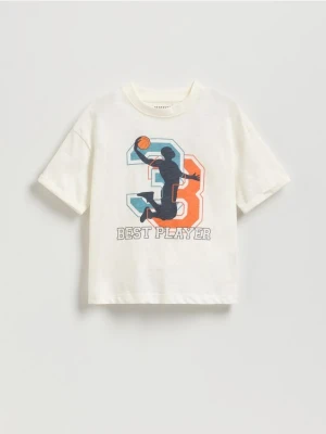 Reserved - Bawełniany t-shirt z nadrukiem - złamana biel