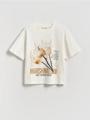 Reserved - Bawełniany t-shirt z nadrukiem - złamana biel