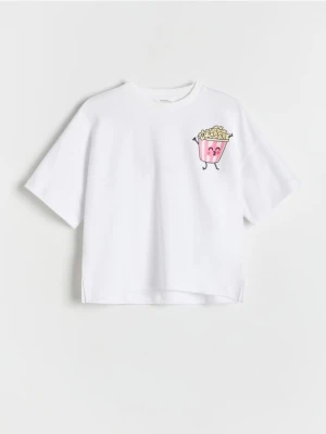 Reserved - Bawełniany t-shirt z nadrukiem - złamana biel
