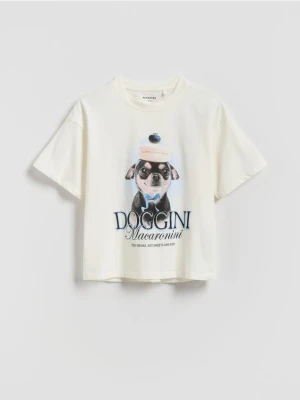 Reserved - Bawełniany t-shirt z nadrukiem - złamana biel