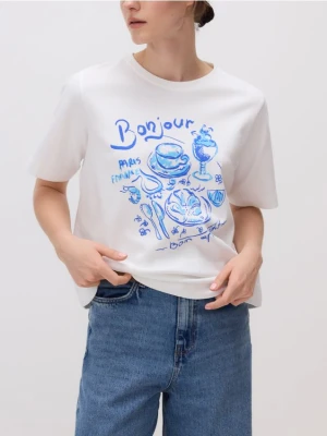 Zdjęcie produktu Reserved - Bawełniany t-shirt z nadrukiem - złamana biel