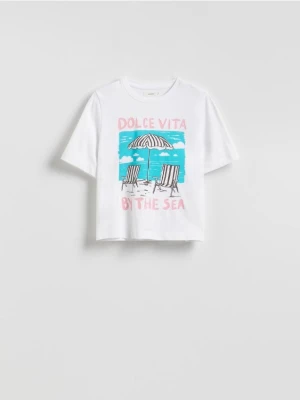 Reserved - Bawełniany t-shirt z nadrukiem - złamana biel